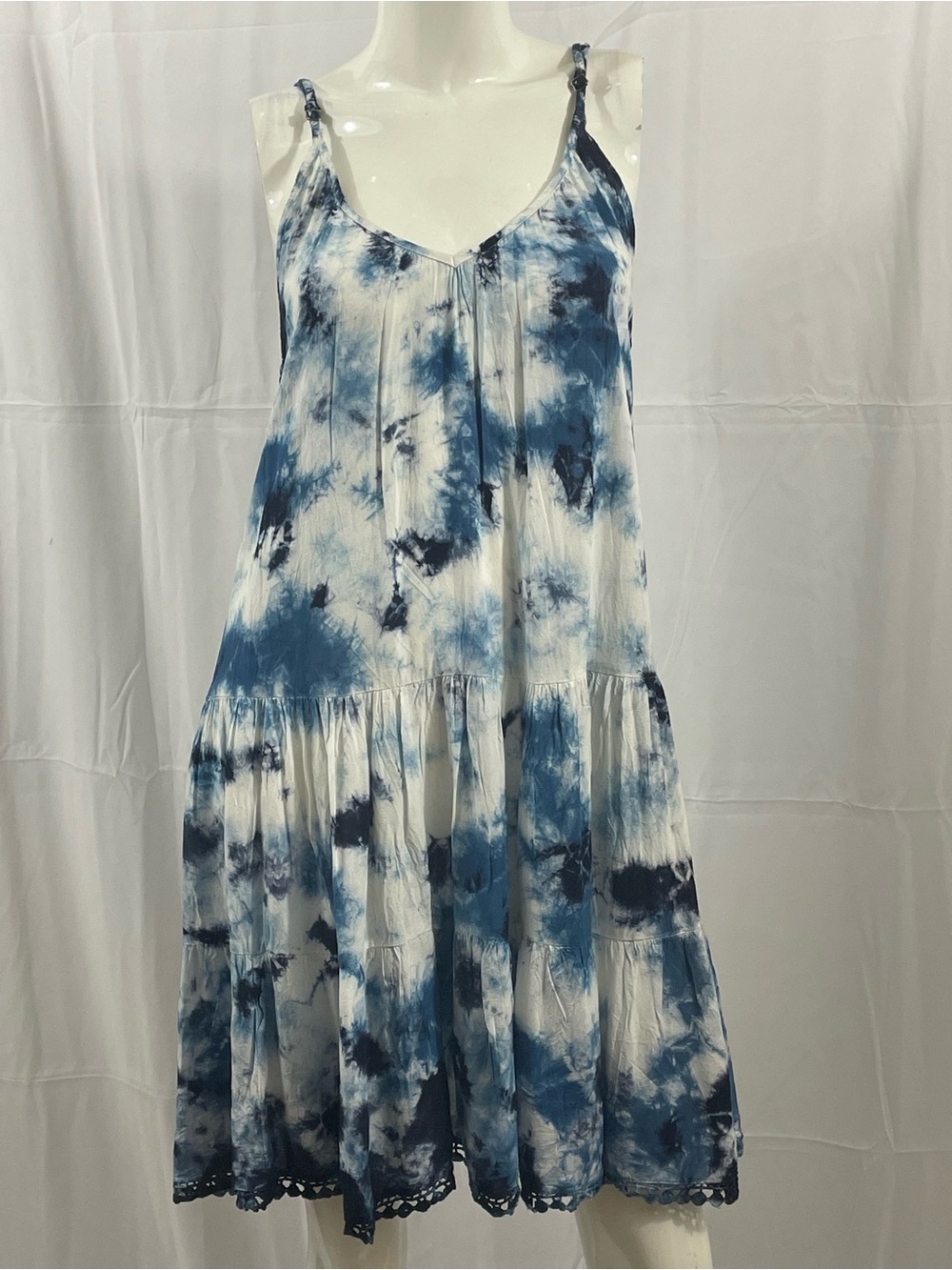 Raviya Blue and White Tie-Dye Tiered Midi Dress
